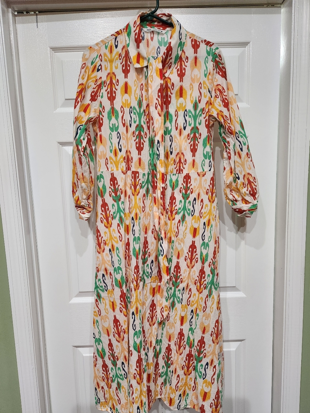 Zara Multicolor Ikat-Print Midi Dress - White, Red, Green, Yellow